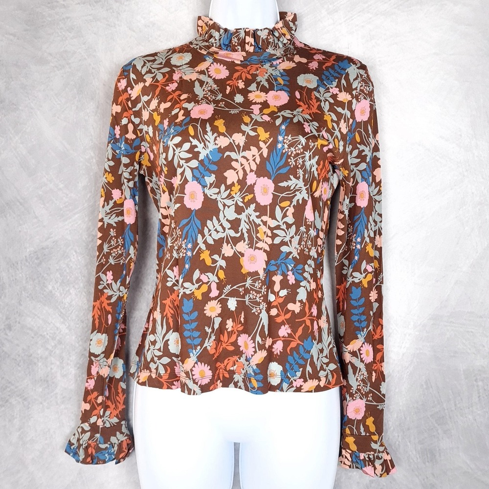 Stine Goya Manila Top Womens XS Brown Floral Ruffle Mock Neck Jersey Stretch